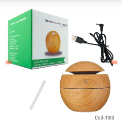 Humidificador 130Ml, Diseño Madera, Redondo, LED, USB. En Caja.