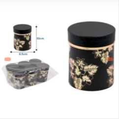 CAJA DE REGALO CIRCULAR NEGRA CON HOJAS DORADAS