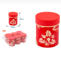 CAJA DE REGALO CIRCULAR ROJA CON HOJAS DORADA